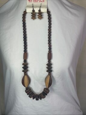 Handmade Brown Two-Tone Wooden Bead Necklace and Earrings Set